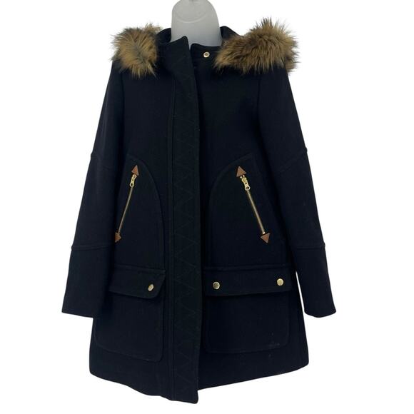 J.Crew Chateau Parka Wool Coat Black Fur Hood Size 2 A-Line Mid Thigh Warm Black - Picture 2 of 8